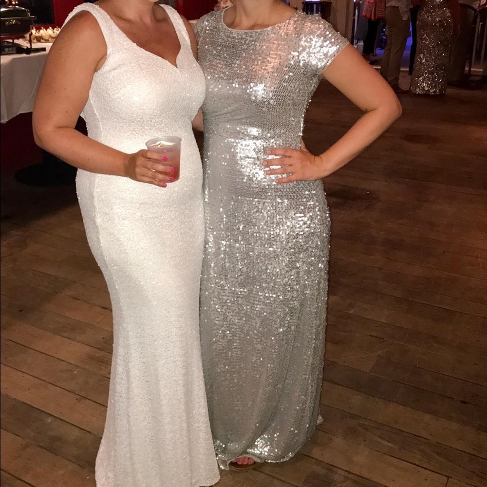 Adrianna Papell silver floor length gown